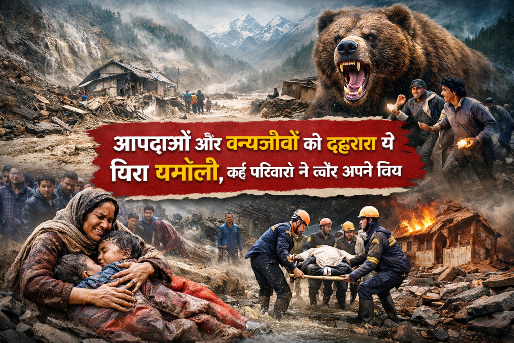 Year Ender 2025 Chamoli disaster and wildlife terror image showing flood devastation, bear attack fear and grieving families in Uttarakhand