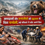 Year Ender 2025 Chamoli disaster and wildlife terror image showing flood devastation, bear attack fear and grieving families in Uttarakhand