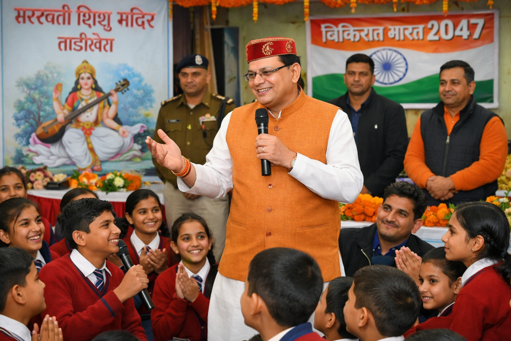 मुख्यमंत्री पुष्कर सिंह धामी सरस्वती शिशु मंदिर ताड़ीखेत में विद्यार्थियों से संवाद करते हुए