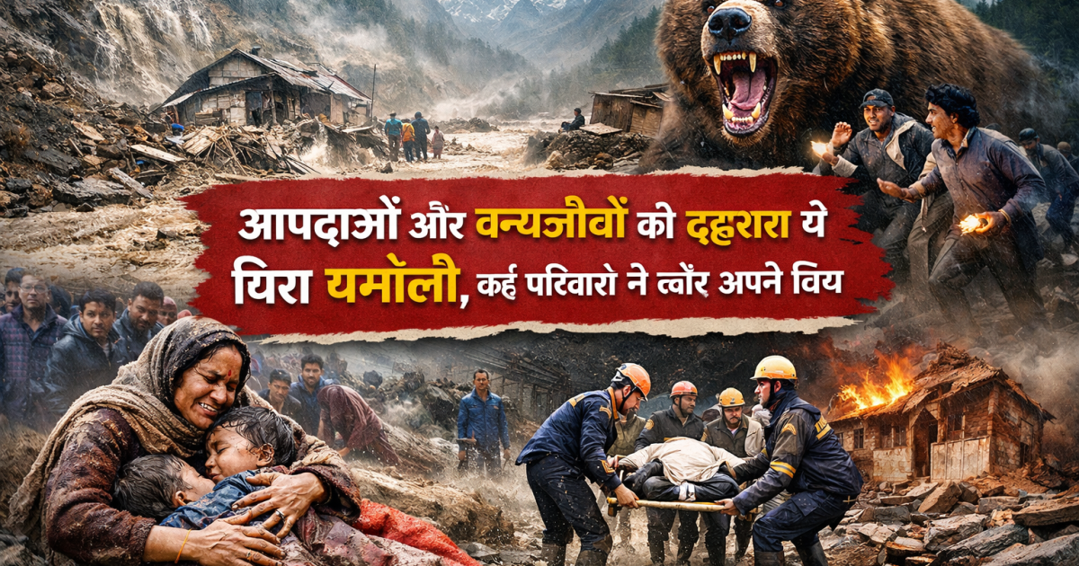 Year Ender 2025 Chamoli disaster and wildlife terror image showing flood devastation, bear attack fear and grieving families in Uttarakhand