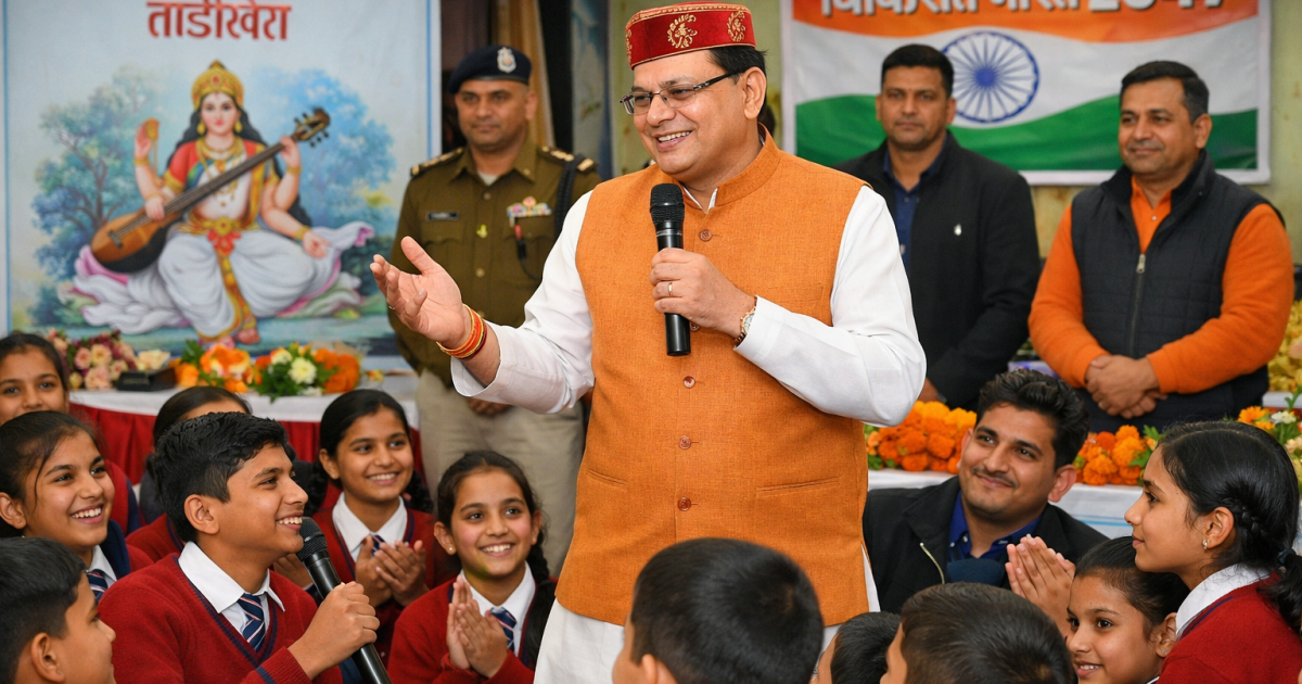 मुख्यमंत्री पुष्कर सिंह धामी सरस्वती शिशु मंदिर ताड़ीखेत में विद्यार्थियों से संवाद करते हुए